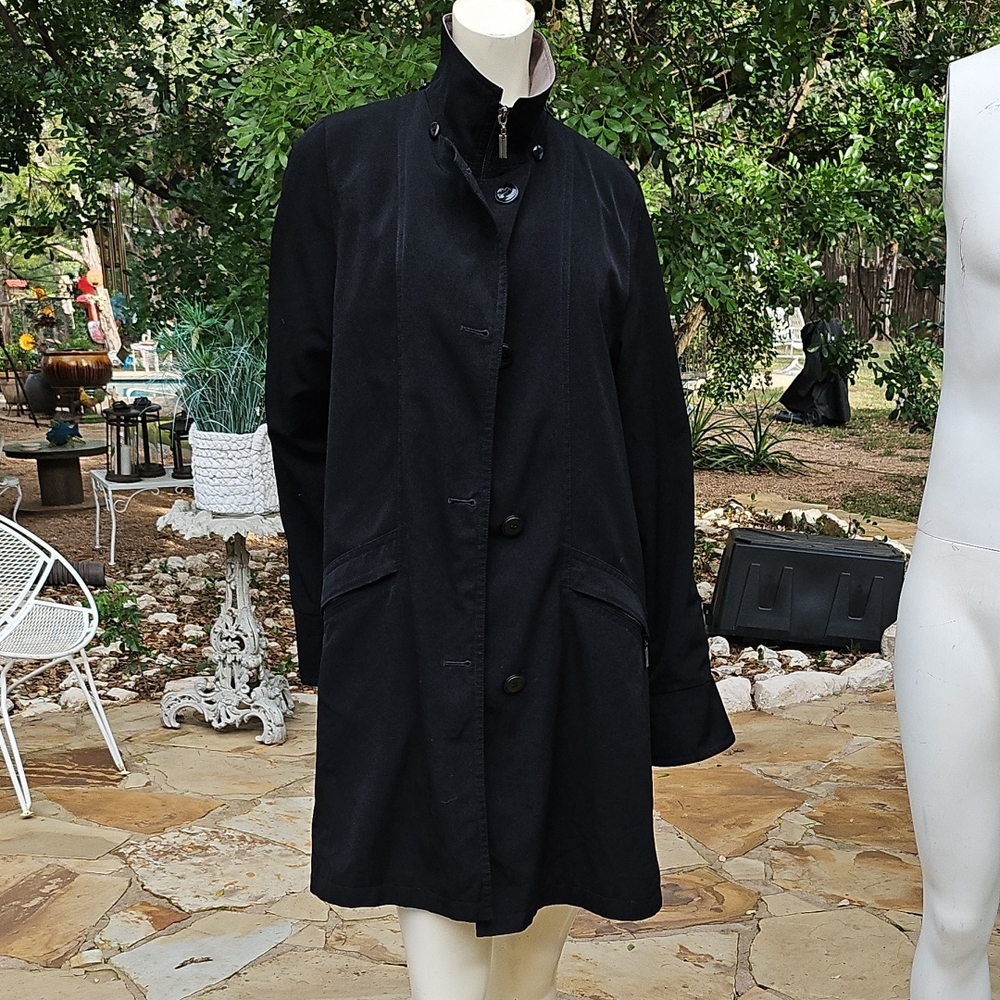 Vintage GALLERY womens SMALL Black Polyester Lightweight Trench Coat I Side Zip